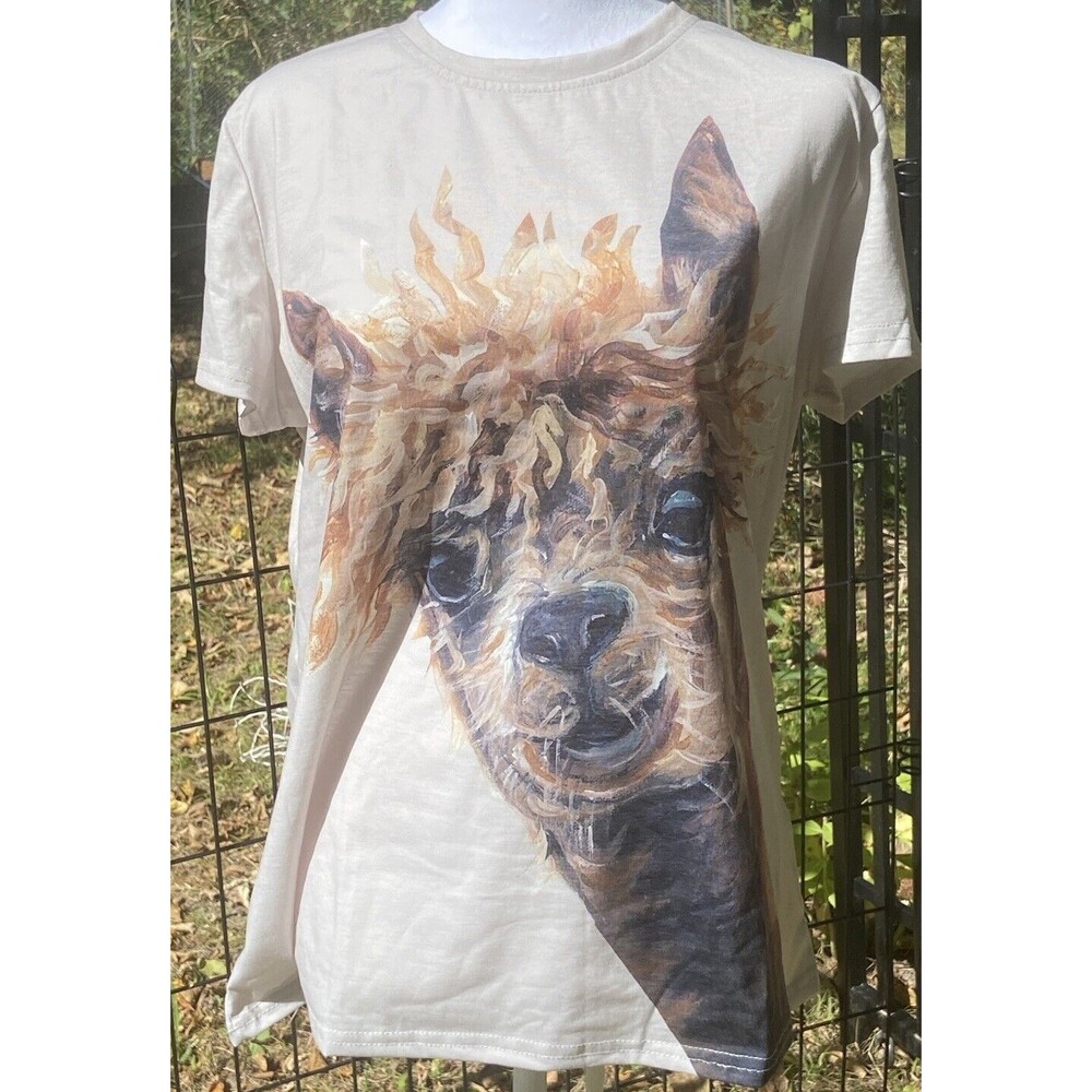 Alpaca Shirt Women Brown Llama Face Art Mountain Casual Classic Short Sleeve